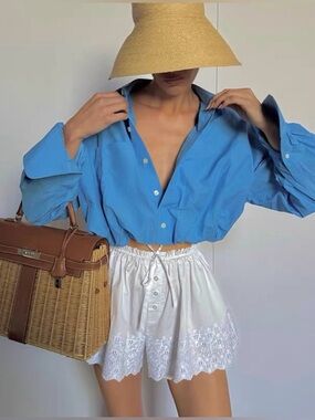 NWOT Helsa Bubble Shirt Blue Cropped Poplin Top Summer S Holiday Chic Cute Top